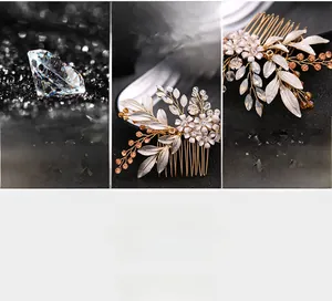 Detail of bridal hair comb featuring golden leaves, white flowers and shiny rhinestones