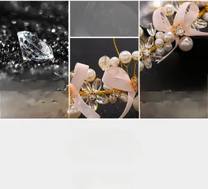 Macro detail of handmade bridal headband with pink ribbons, white pearls and clear crystals