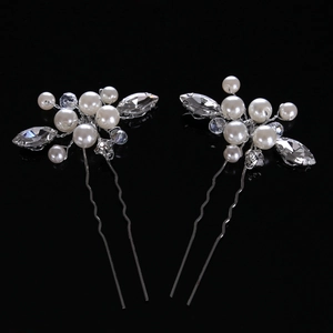 Elegant Silver Bridal Hair Pin With Imitation Artificial Pearl And Rhinestone Leaf U-Shaped Hair Accessory For Women Wedding Party