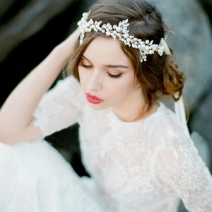 Handmade Faux Artificial Pearl Rhinestone Bridal Headband Elegant Floral Wedding Hair Accessories Silver Crystal Hairband And Bracelet