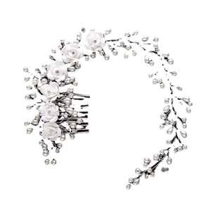 Handmade bridal hair comb with white resin roses, faux pearls and crystals on silver wire