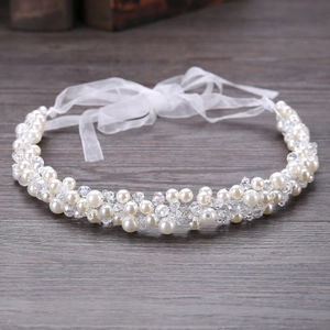 Handmade Artificial Pearl Crystal Bridal Hairband Elegant White Floral Wedding Hair Accessories For Women Ribbon Headpiece