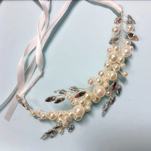 European bridal pearl and rhinestone hair band with white silk ribbon and silver vine