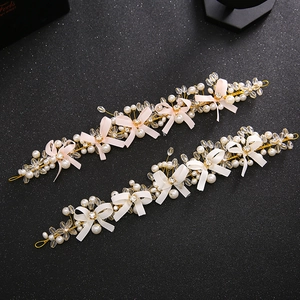 Bridal Handmade Artificial Pearl Crystal Flower Hairband Gold Wire Leaf Headpiece With Satin Bow For Wedding Party Women Jewelry
