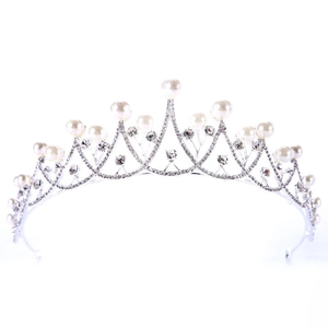 Elegant silver bridal crown with pearls and rhinestones on a clean white background