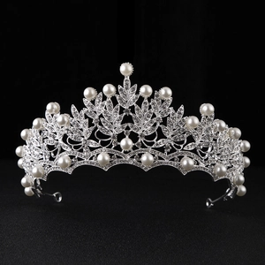 Bridal Hair Crown For Women Silver Alloy Rhinestone Tiara With Faux Artificial Pearl Elegant Leaf Design Wedding Party Hair Jewelry