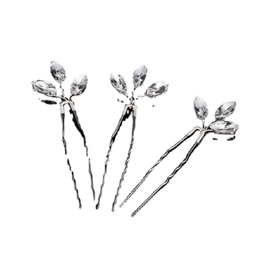 Set of 3 silver crystal bridal hair pins with marquise cut rhinestones for wedding