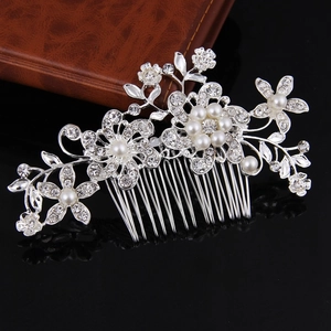 Elegant Bridal Hair Comb Alloy Flower Leaf Design Faux Artificial Pearl Rhinestone Inlaid Wedding Hair Accessory For Women Party