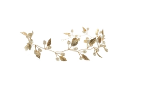 Detail of handmade gold bridal hair vine with delicate pearls and metal leaves