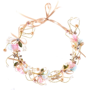 Handmade floral bridal wreath headband with pearls, pink flowers and champagne ribbons