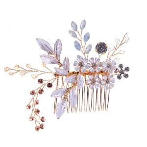 European bridal hair comb with gold wires, white flowers, crystals and rhinestones