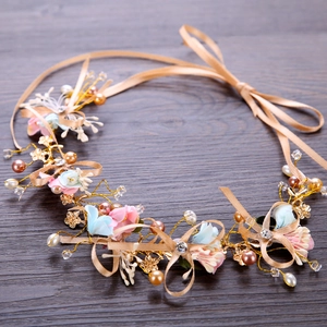 Handmade Flower Garland Bridal Headband Gold Wire Faux Artificial Pearl Floral Headpiece Ribbon Tie Wedding Party Hair Accessories
