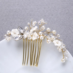 Handmade bridal hair comb with gold wires, white pearls and crystal flowers for wedding