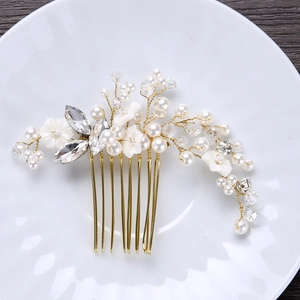 Handmade bridal hair comb with gold wires, white pearls and crystal flower accents