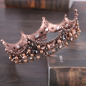 Baroque vintage bronze crown with champagne crystals and dark pearls for women