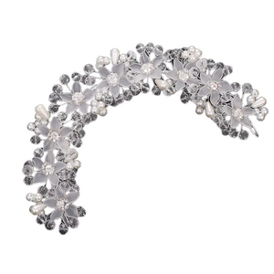 Elegant handmade bridal hair band with gray crystal flowers and faux pearls on white background