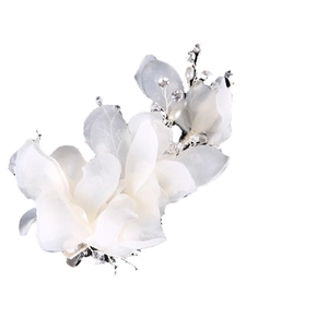 Exquisite bridal hair clip with white fabric flowers, pearls, and rhinestones on silver wire