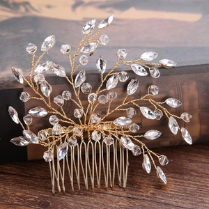 Handmade bridal hair comb with gold wire, sparkling crystals and marquise rhinestones