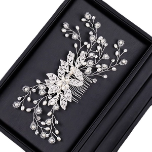 European gold leaf bridal hair comb with elegant white pearls and sparkling rhinestones