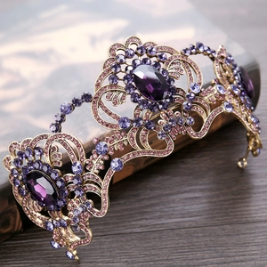 Baroque Vintage Purple Rhinestone Crystal Wedding Crown Tiara Retro Gold Alloy Flower Headpiece Bridal Hair Accessories