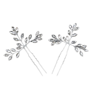 Élégant lot de 2 épingles à cheveux de mariage argentées avec feuilles en cristal