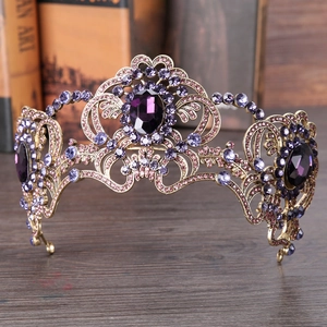 Baroque bridal crown with purple rhinestones on a vintage bronze-tone metal base
