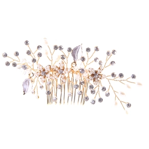 Handmade bridal hair comb with gold wire, pearls, and rhinestones for wedding hairstyles