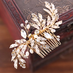 Vintage Leaf Bridal Hair Comb Pin Gold Silver Plated Alloy Artificial Pearl Rhinestone Wedding Hair Accessories For Women Jewelry