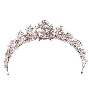 Silver branch princess crown for brides featuring delicate pearls and metal hollow design