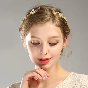 Serre-tête baroque feuilles dorées avec perles blanches pour coiffure de mariée