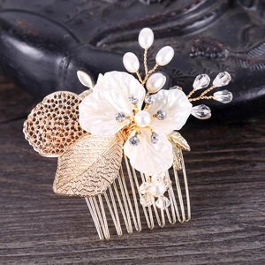 Gold Leaf Flower Bridal Hair Comb Elegant Rhinestone Faux Artificial Pearl Wedding Headpiece Handmade Vintage Hair Accessories For Women