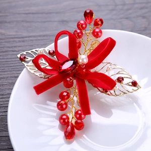 Elegant bridal red velvet leaf hair clip with gold leaves, pearls and red crystals