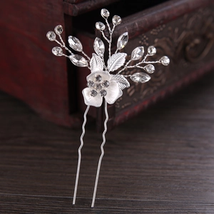 Elegant silver U-shaped hair pin with rhinestones and metal flowers for bridal styling