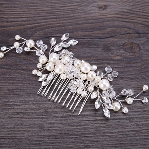Elegant bridal hair comb with white faux pearls and clear crystal beads on silver metal wire