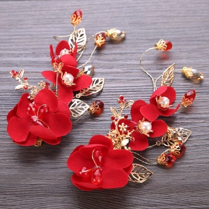 Exquisite handmade red fabric flower hair clips with gold leaves and white pearls