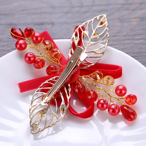 Handmade red velvet bow hair clip with golden metal leaves and red glass beads