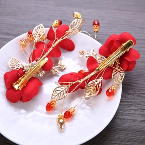 Exquisite bridal red fabric flower hair clips with golden leaf details and beads