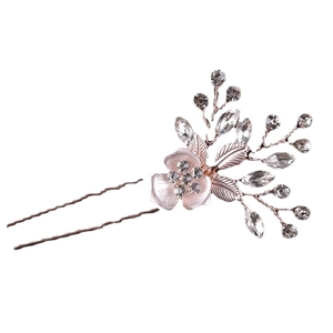 Elegant rose gold U-shaped bridal hair pin with crystal flower and shimmering metal leaves