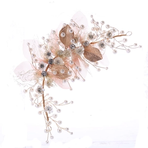 Exquisite bridal hairband with white fabric flowers, golden leaves, pearls and crystals
