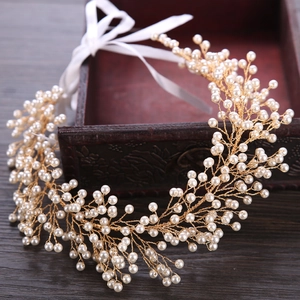 Handmade Artificial Pearl Bridal Hair Vine Gold Silver Leaf Branch Wedding Headband With Satin Ribbon For Women Party Accessories