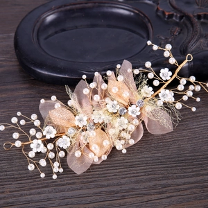 Elegant Handmade Bridal Hair Vine Mesh Flowers White Faux Artificial Pearls Rhinestones Gold Leaves Wedding Hair Accessory For Women