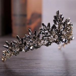 Vintage Brautkrone mit schwarzen und grauen Kristallen in Bronze-Metallrahmen