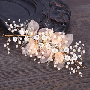 Elegant floral hair accessories with pearls, crystals and gold leaves for women and girls