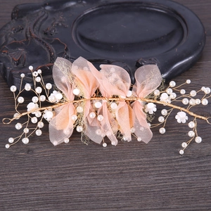 Pink mesh flower headband with white pearls and gold wire for wedding hair styling