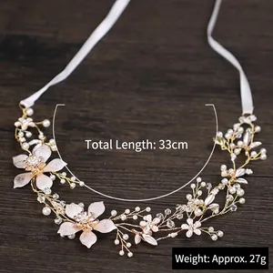 Cerchietto floreale sposa fatto a mano con perle e foglie dorate, lungo 33cm