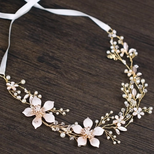 Fascia per Capelli da Sposa Floreale Fatta a Mano Filo di Metallo Oro Perla Artificial Cristallo Foglia Copricapo Matrimonio Donna