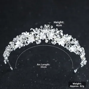 Detailed view of silver bridal crown with pearls and rhinestones showing 4cm height size