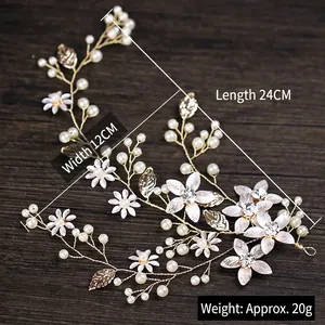 Golden bridal flower headband with white pearls and metal leaves for wedding dress accessories