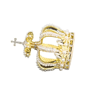 Exquisite gold bridal crown with white pearls and sparkling rhinestones featuring cross