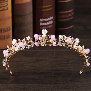 Douce Couronne de Mariée en Cristal Rose Fleur Alliage d'Or Vintage Strass Bandeau pour Mariage Fête Princesse Accessoires de Cheveux Bijoux